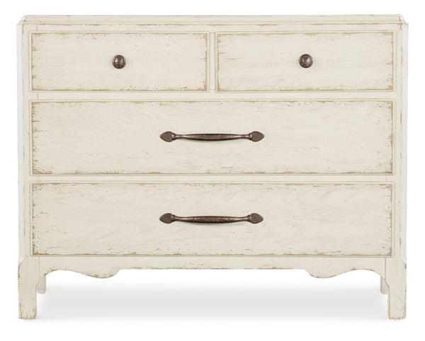 Hooker Furniture Americana Distressed Bachelor Chest With Scalloped Base, Antique Bronze Pulls, 4 Self-Closing Drawers, Timeless Appeal Whites/Creams/Beiges 7050-90217-02