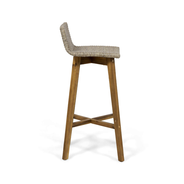 English Elm Christopher Knight Home® - LA La Brea Acacia Wood & Wicker Barstool Set of 2 — Outdoor Faux Rattan Seats with Iron X-Stretcher Frame Brown 65431.00LBRN