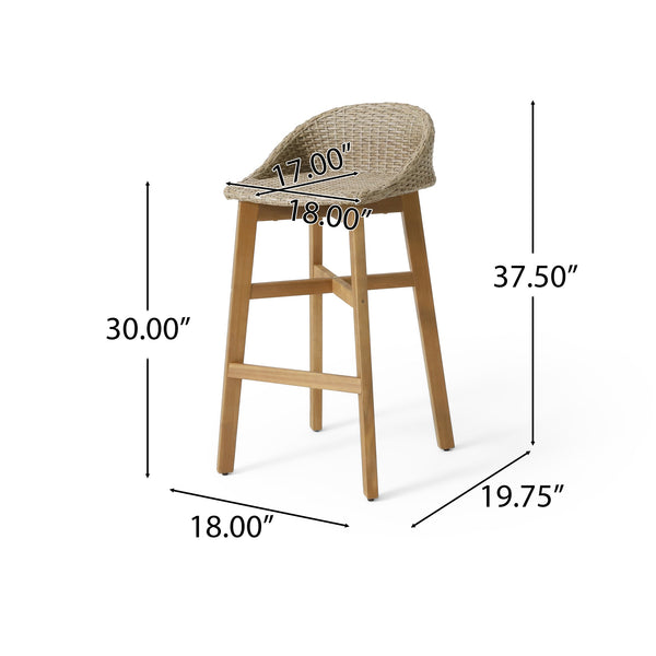 English Elm Christopher Knight Home® - CALERA Beeson 30" Barstool Set of 2 — Acacia Wood Legs, Water-Resistant Wicker Seats, 300 lb Capacity 73532.00MLBRN