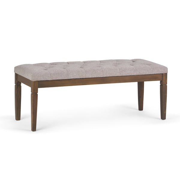 English Elm Waverly Tufted Ottoman Bench in Cloud Grey Linen Look Fabric – Solid Wood Frame, Carved Legs, Versatile Seating B136P158193