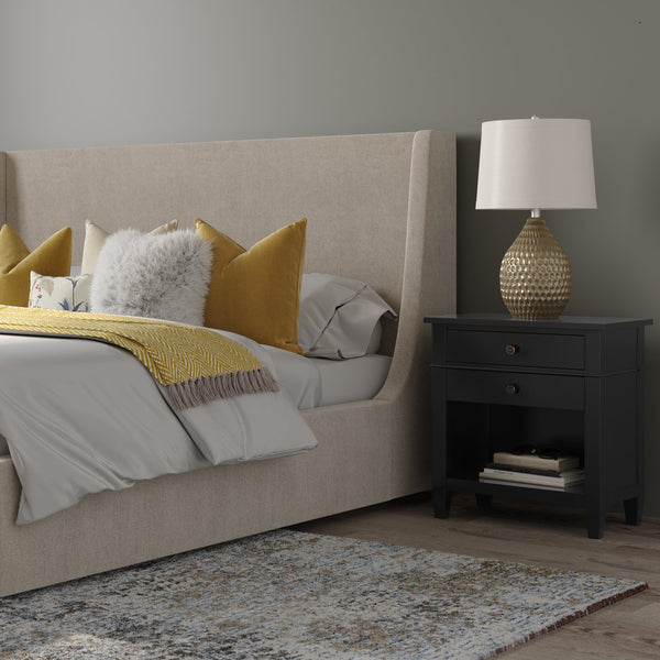 English Elm Carlton Bedside Table - Solid Wood In Black Finish With Spacious Drawers & Open Shelf For Storage B136P158573