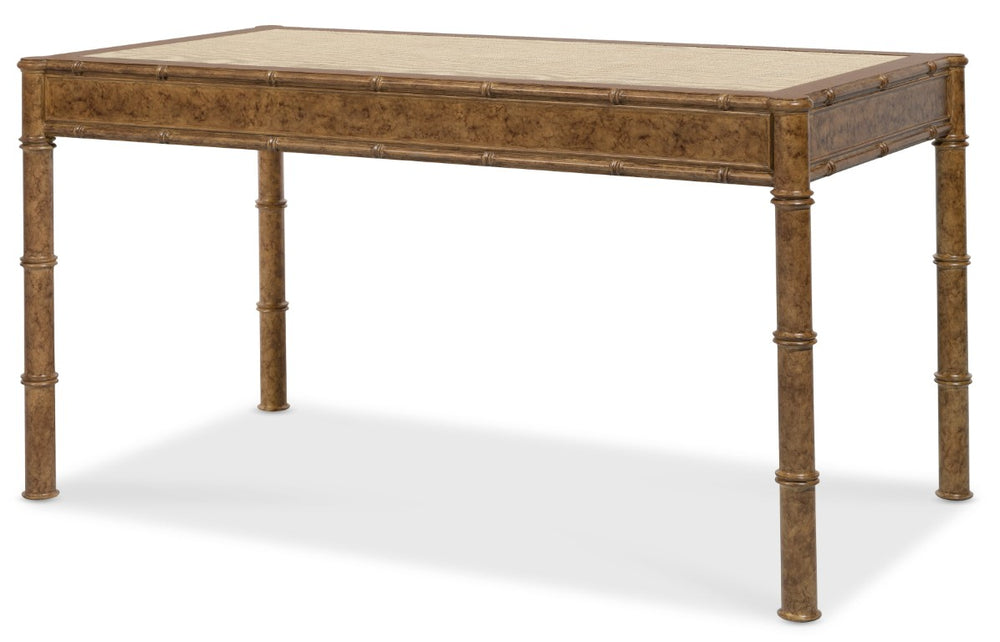 Hooker Furniture Archives Writing Desk With Faux-Tortoise Shell Accent, Woven Cane Top, Glass Surface & 3 Drawers 6123-10458-80