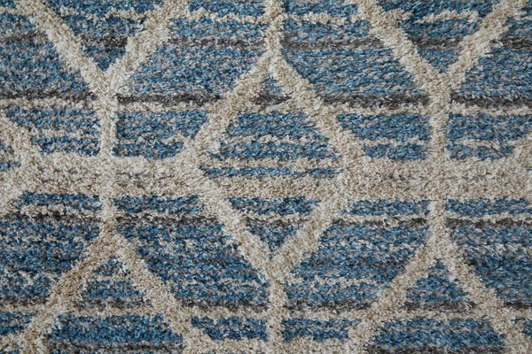 Feizy Rugs Mynka High Pile Geometric Area Rug - Pet-friendly, Stain Resistant, Ideal For High Traffic Spaces Blue,Ivory Polyester Myn39icfblu000p00