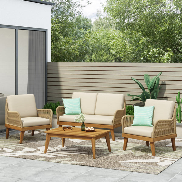 English Elm Christopher Knight Home® - Outdoor Teak Acacia 4-Piece Chat Set with Rope Weave, Water-Resistant Cushions, Loveseat & 2 Chairs 73424.00LBGE