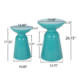 English Elm Serenita Outdoor Powder Coated Iron Pedestal Side Tables Sculptural Flared Set of Two Teal 73614.00T
