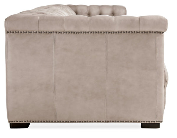 Hooker Furniture Savion Grandier Power Recliner Sofa In Giovanni Taupe Top-Grain Leather With Tufted Detail & Nailhead Trim Brown SS434-GP3-082