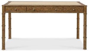 Hooker Furniture Archives Writing Desk With Faux-Tortoise Shell Accent, Woven Cane Top, Glass Surface & 3 Drawers 6123-10458-80