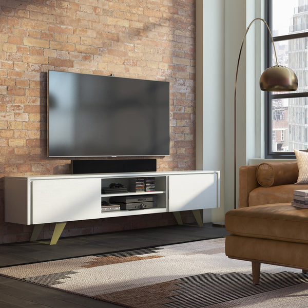 English Elm Lowry Tv Media Stand - Vintage Industrial White Acacia With Metal Accents For Modern Living Rooms B136P158867