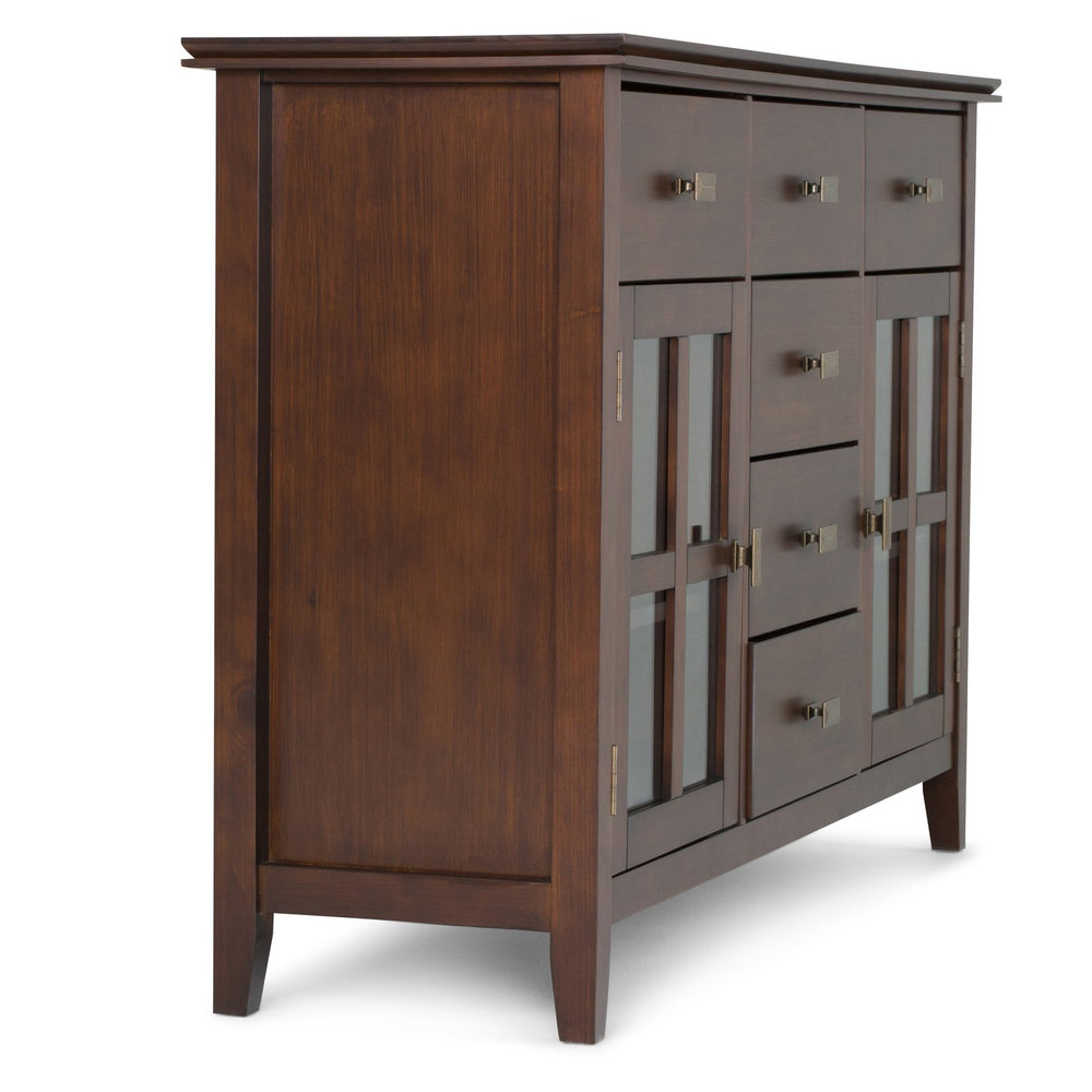 English Elm Artisan Russet Brown Solid Wood Sideboard Buffet with Glass Doors, 6 Drawers, Sturdy Storage B136P159467