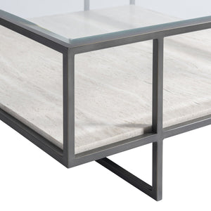 Bernhardt Bernhardt Harlow Cocktail Table — 44" Modern Industrial Coffee Table With Travertine Shelf, Glass Top, Bronze Frame 514022