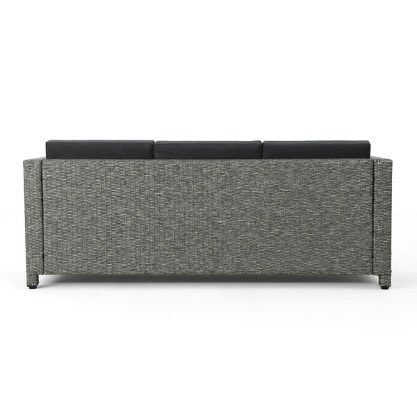 English Elm Christopher Knight Home® - PUERTA Outdoor 3-Seater Sofa with Weather-Resistant Cushions, Woven PE Rattan, Iron Frame, Modern Design 62979.00BLK