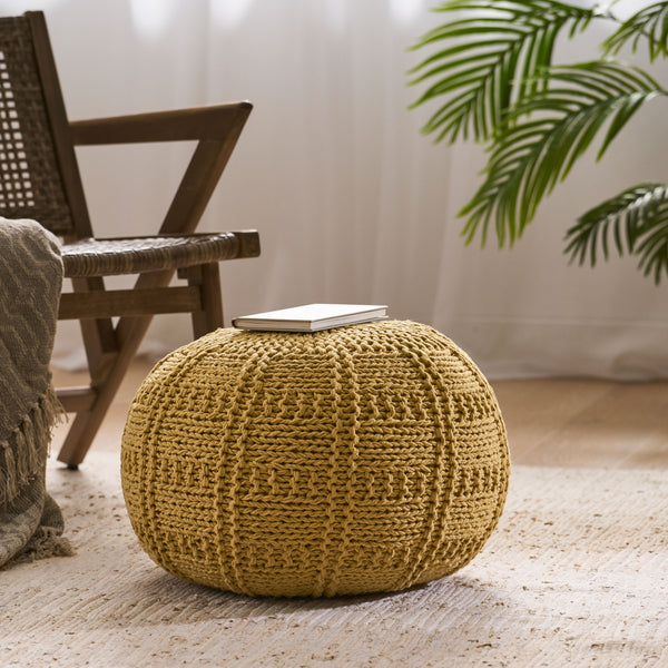 English Elm Christopher Knight Home® - YUNY Handcrafted Knit Cotton Round Pouf 20x20x14 Cozy Modern Accent Ottoman with Durable Weave Yellow 60493.00YLW