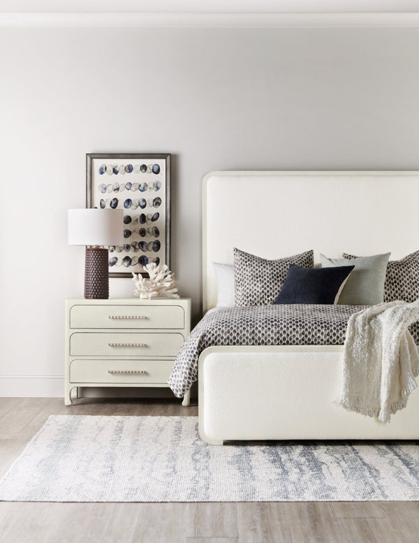 Hooker Furniture Serenity Coastal Queen Upholstered Panel Bed With Sand Dollar Lacquered Glasscloth & Grasscloth Accents Beige 6350-90350-03