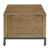 Homelegance By Top-Line Millie Trunk Rectangular Coffee Table with Tray and Iron Casters Oak MDF