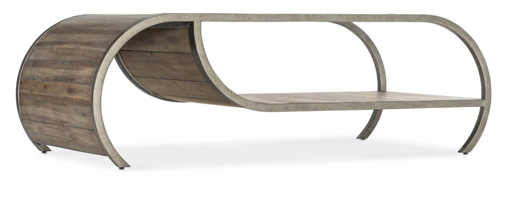 Hooker Furniture Commerce Curved Open Ended Cocktail Table With Pewter Metal Frame, Planked Wood Shelf, Rustic Charm 7228-80184-85