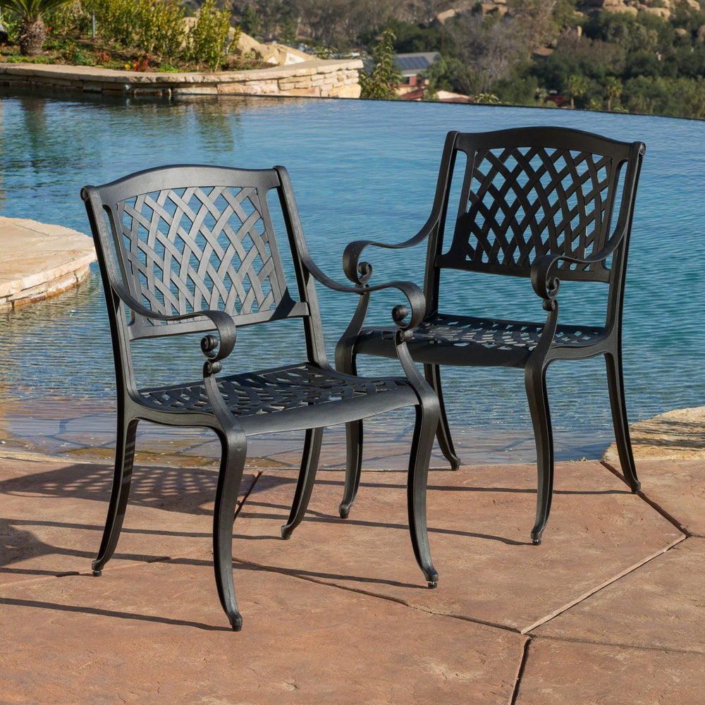 English Elm Cayman Arch Back Cast Aluminum Mesh Outdoor Dining Chairs Weather Resistant Set 54587.00SAD