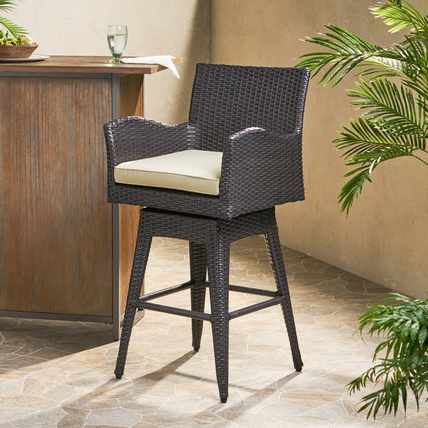 English Elm Modern Outdoor Pe Wicker Swivel Barstool with Cushioned Seat and Iron Frame 54128.00