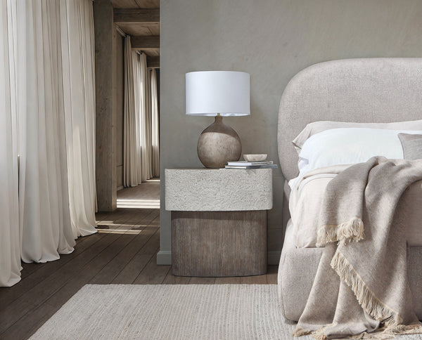 Bernhardt Monolith Sculptural Nightstand with Faux Stone Top, Wire‑Brushed Oak Base & Soft‑Close Drawer (94 chars) 343219