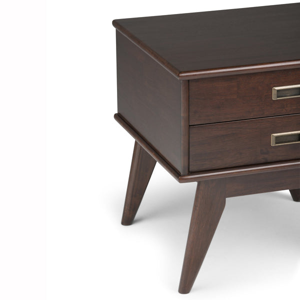 English Elm Draper Mid-Century Side Table - Handcrafted Solid Rubberwood With 2 Drawers In Medium Auburn Brown B136P158149
