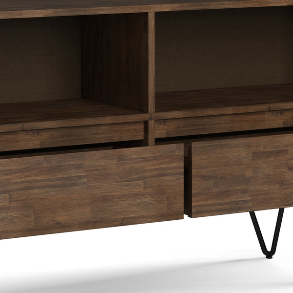 English Elm Chase Rustic Natural Aged Brown Low Bookcase – Solid Acacia Wood, 2 Open Compartments & 2 Drawers B136P160672