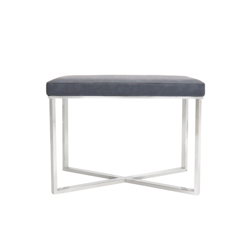 Pasargad Luxe Grey Upholstered Stool – Elegant Faux Leather Bench With Stainless Steel Base, 24"W Grey Faux Leather Y-1031a