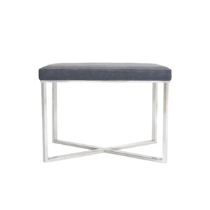 Pasargad Luxe Grey Upholstered Stool – Elegant Faux Leather Bench With Stainless Steel Base, 24"W Grey Faux Leather Y-1031a