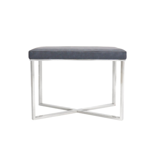 Pasargad Luxe Grey Upholstered Stool – Elegant Faux Leather Bench With Stainless Steel Base, 24"W Grey Faux Leather Y-1031a