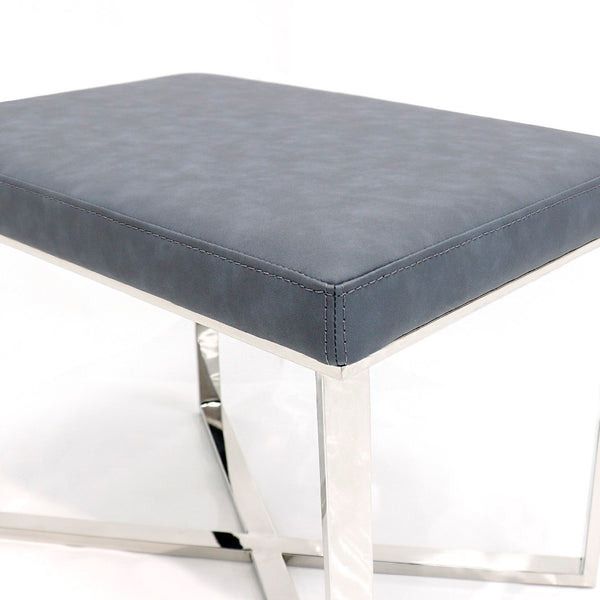 Pasargad Luxe Grey Upholstered Stool – Elegant Faux Leather Bench With Stainless Steel Base, 24"W Grey Faux Leather Y-1031a