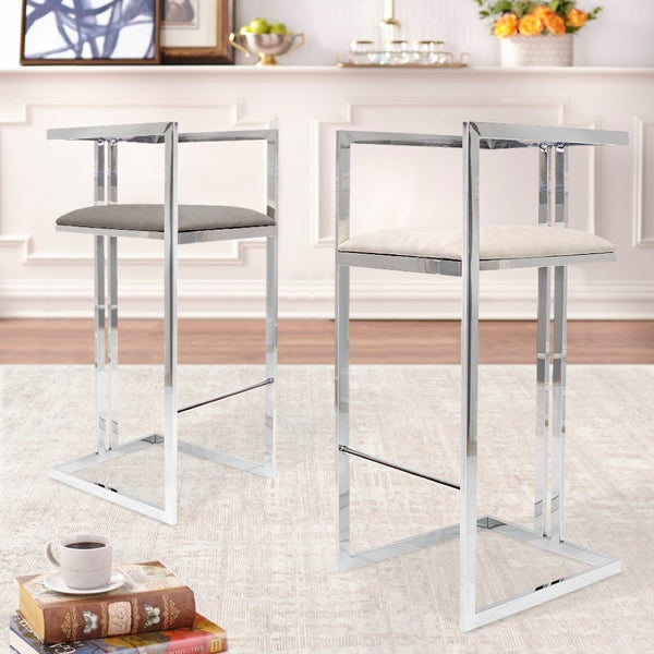 Pasargad Home Luxe Upholstered Bar Stool - Stylish Grey Faux Leather With Durable Stainless Steel Frame Grey Faux Leather Y-1038b