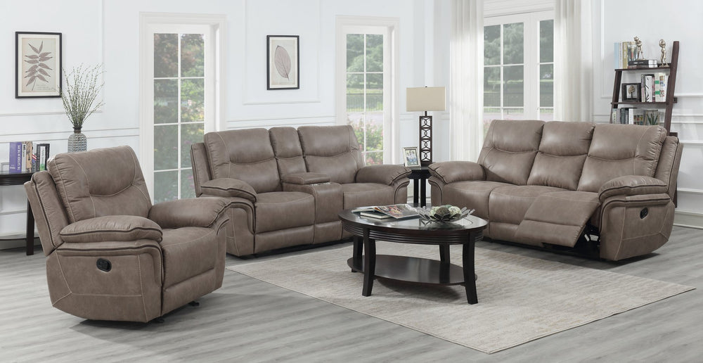 English Elm Steve Silver - Isabella 3-Piece Living Room Set Sand - Faux Leather Reclining Sofa, Loveseat w/ Console & Cup Holders B081S00248