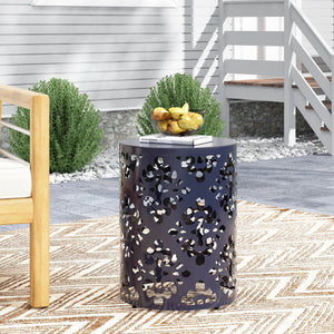English Elm Outdoor Iron Accent Table Laser Cut Floral Cylinder Design for Patio or Balcony Navy Blue 73605.00NBLU