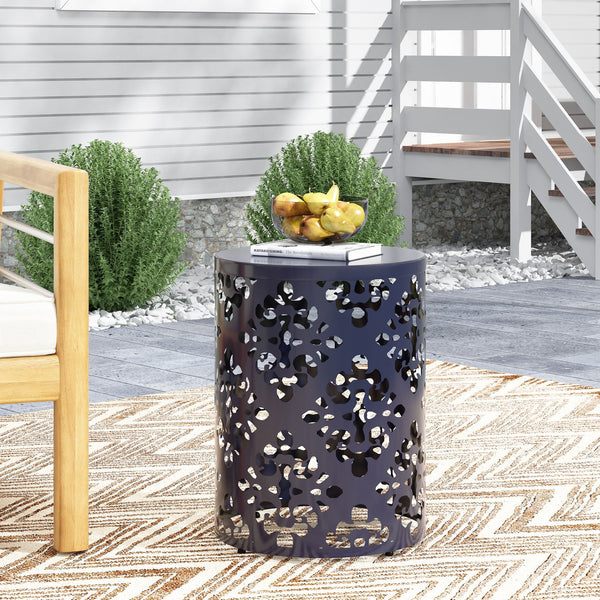 English Elm Outdoor Iron Accent Table Laser Cut Floral Cylinder Design for Patio or Balcony Navy Blue 73605.00NBLU
