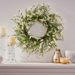 Christopher Knight Home® - Noble House - Potvin 30" Plum Blossom Artificial Silk Wreath, Green and White