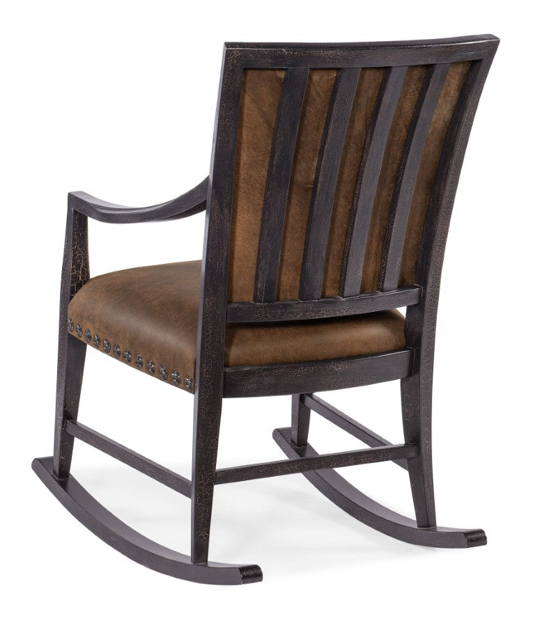 Hooker Furniture Big Sky Rocking Chair — Charred Timber Leather Rocker With Nailhead Trim, Distressed Rustic Charm 6700-50009-98