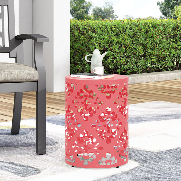 English Elm Outdoor Iron Accent Table Laser Cut Floral Cylinder Design for Patio or Balcony Coral 73605.00DCRL
