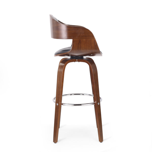 English Elm Christopher Knight Home® - BAR STOOL Mid-Century Modern Faux Leather Swivel with Walnut Veneer Frame and Chrome Footrest Black 67494.00PUMDNT