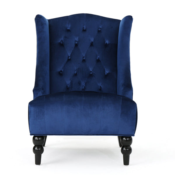 English Elm Christopher Knight Home® - High-Back Velvet Wingback Club Chair, Button-Tufted Diamond Stitching, Navy Blue, Turned Legs 55038.00NVLTNBL