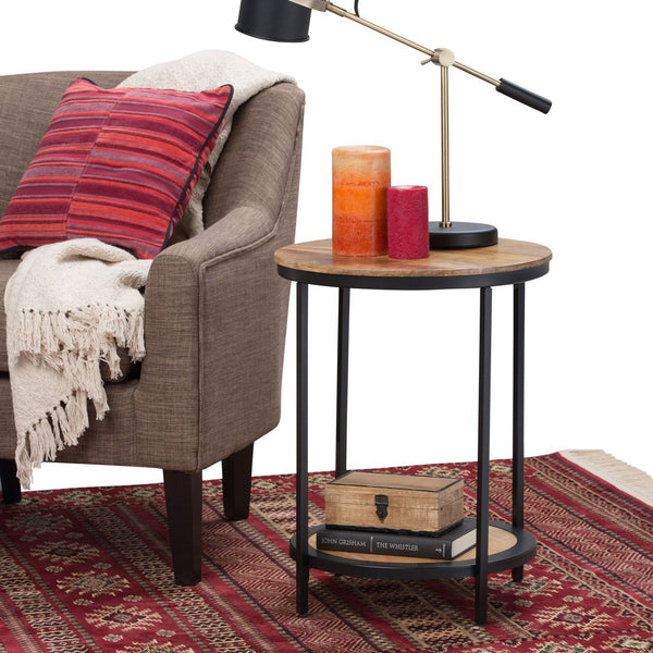 English Elm Jenna Handcrafted Round Side Table with Natural Mango Wood Top and Black Metal Frame, 24"H Light Brown B136P158984