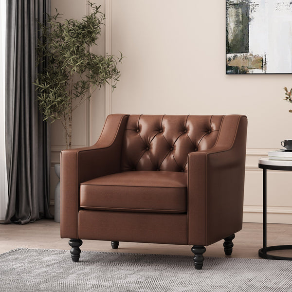 English Elm Christopher Knight Home® - CLUB CHAIR with Button Tufted Diamond Stitching, Sloped Arms & Birch Wood Legs for Modern Comfort Dark Brown 30.5 L x 25.75 W x 21.25 H 71214.00DBRN