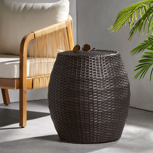 English Elm Outdoor Wicker Bombe Side Table Sculptural Iron Frame Weather Resistant Patio Accent Brown Multi 60746.00MBN