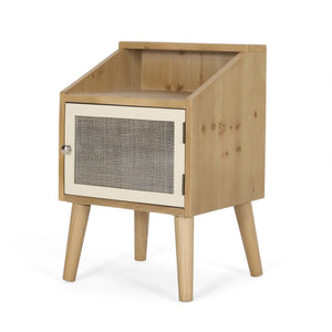 English Elm Christopher Knight Home® - END TABLE Natural & White Engineered Wood with Rattan Accents, Built-In Hutch & Tempered Glass Storage Side Table (24.25"H) 71101.00