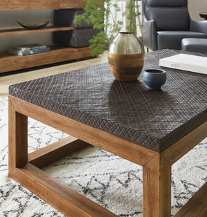 Hooker Furniture Big Sky Cocktail Table With Furrowed Bark Charcoal Top & Vintage Natural Hickory Base, Rustic Durable Design 6700-80109-99
