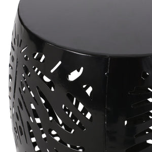 English Elm Metal Cylindrical Accent Table Powder Coated Iron with Tropical Palm Leaf Lattice Design Black 73613.00BLK