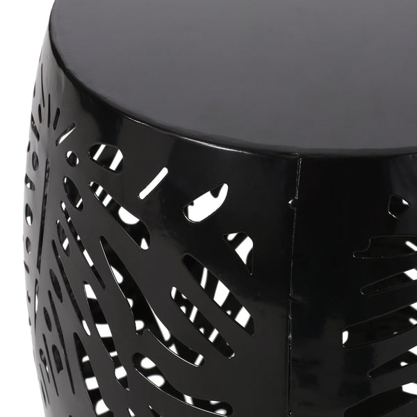 English Elm Metal Cylindrical Accent Table Powder Coated Iron with Tropical Palm Leaf Lattice Design Black 73613.00BLK