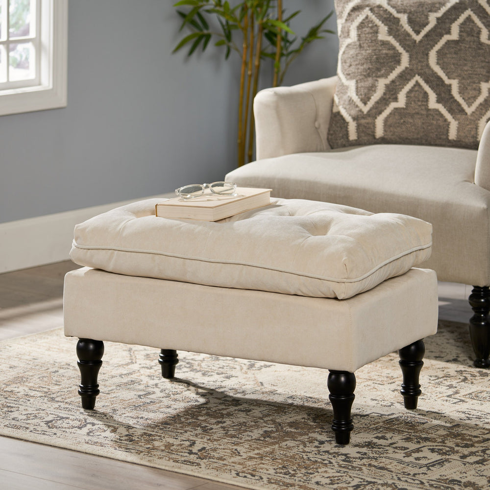 English Elm Lofton Button Tufted Round Ottoman with Turned Birch Legs for Living Room Seating 53081.00