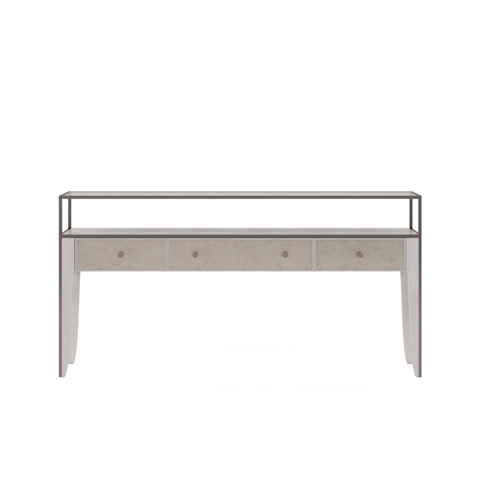 A.R.T. Furniture Mezzanine Console Table In Dove Gray - Antique Mirror Drawers, Glass Top & Stylish Storage Solutions Light Gray Parawood And Poplar Solids,Maple Veneer,Mirror,Glass,Steel 325327-2249