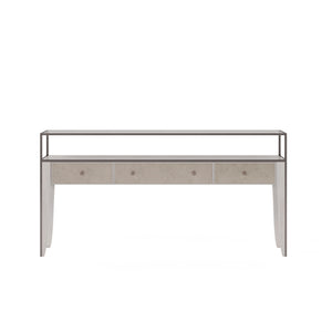 A.R.T. Furniture Mezzanine Console Table In Dove Gray - Antique Mirror Drawers, Glass Top & Stylish Storage Solutions Light Gray Parawood And Poplar Solids,Maple Veneer,Mirror,Glass,Steel 325327-2249