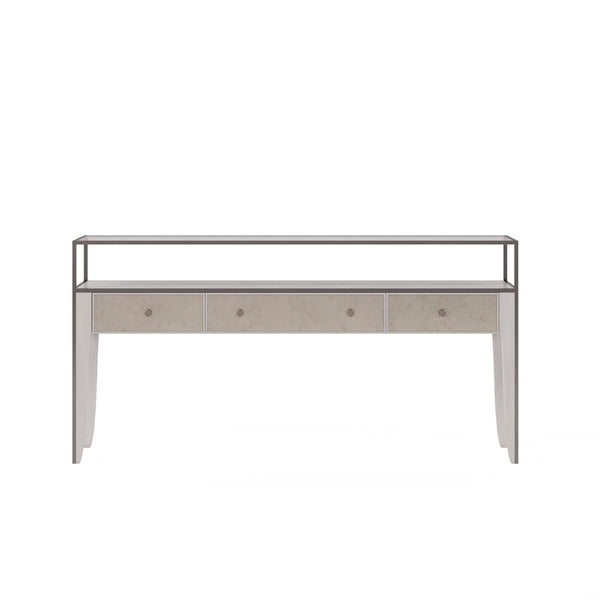 A.R.T. Furniture Mezzanine Console Table In Dove Gray - Antique Mirror Drawers, Glass Top & Stylish Storage Solutions Light Gray Parawood And Poplar Solids,Maple Veneer,Mirror,Glass,Steel 325327-2249