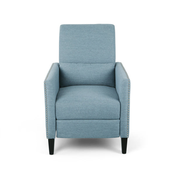 English Elm Christopher Knight Home® - PUSH Light Blue Fabric Push-Back Recliner with Nailhead Accents, Birch Wood Legs, Comfortable Relaxing Seat 65532.00LBLU
