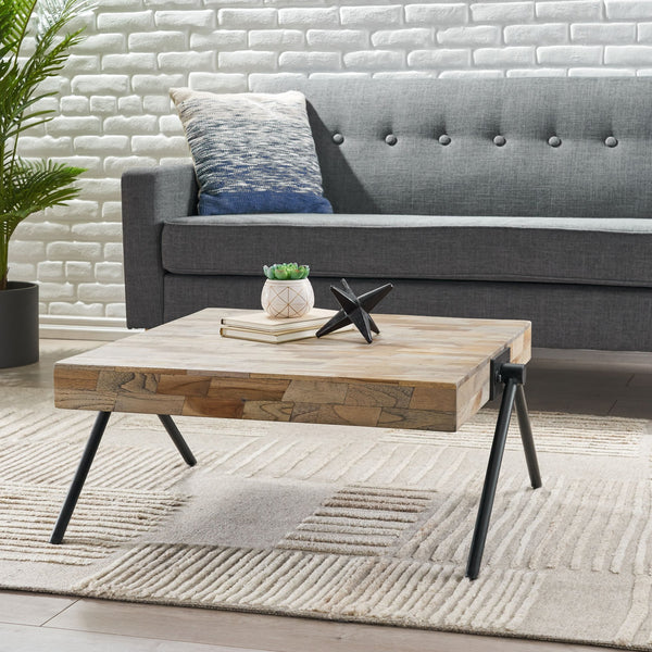 English Elm Christopher Knight Home® - Mango Handcrafted Mango Wood Coffee Table with Grey Finish, Iron V-Legs, Industrial Modern Centerpiece 69062.00